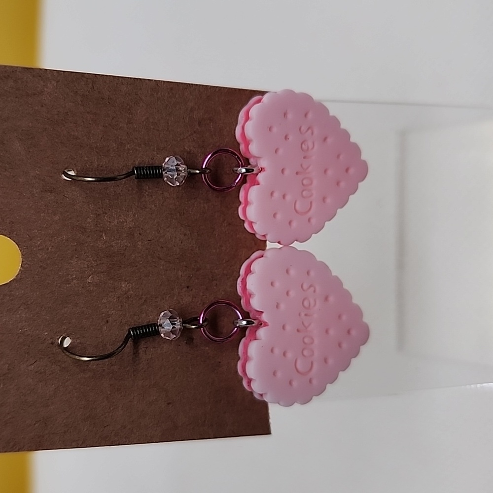 Pink heart cookie earrings